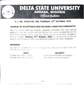DELSU Announces Deadline for Payment of Acceptance Fee, 2025/2026 Academic Session