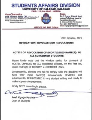 UNICAL Issues Notice on Hostel Allocation Revocation