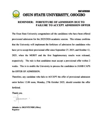 UNIOSUN Notice to Candidates on Deadline for Admission Acceptance