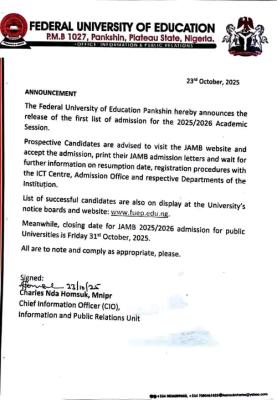 Federal University of Education, Pankshin Releases First Admission List for 2025/2026 Academic Session