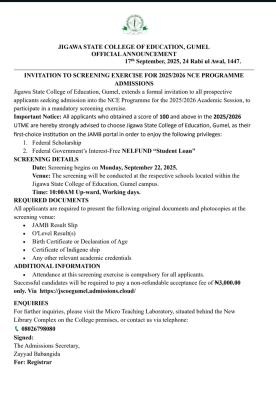 📢 Jigawa State College of Education, Gumel Announces Screening Exercise for 2025/2026 NCE Admissions