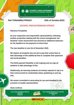 FUNAAB SUG Extends Deadline for School Fees Payment