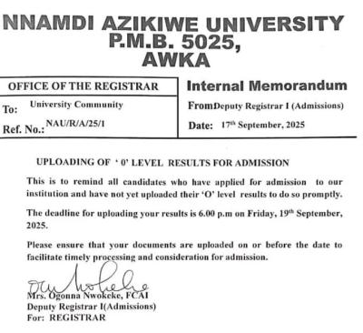 📢 UNIZIK Admission Notice: Upload Your O'Level Results Before Deadline