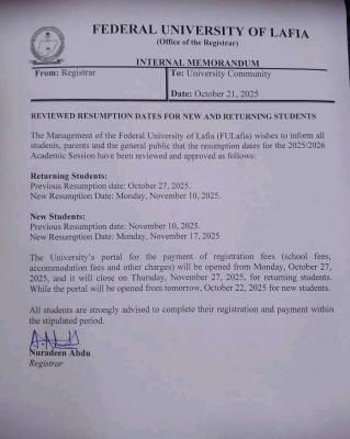 FULAFIA Announces Reviewed Resumption Dates for 2025/2026 Academic Session