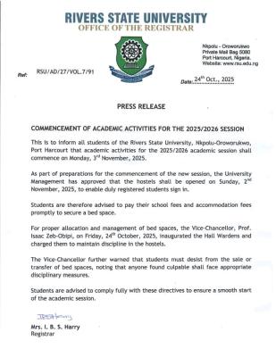 RSUST Announces Commencement of 2025/2026 Academic Session