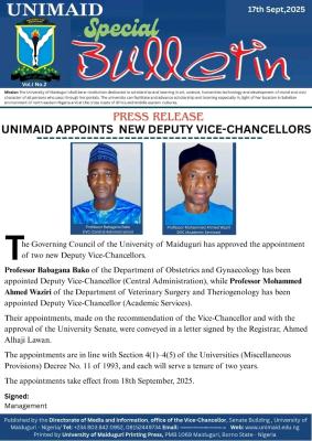 🏛️ UNIMAID Appoints Two New Deputy Vice-Chancellors