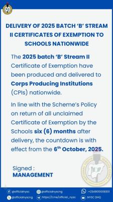 NYSC Notice on Delivery of 2025 Batch ‘B’ Stream II Exemption Certificates