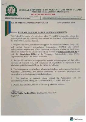🎉 FUAMB Releases First Batch Admission List for 2025/2026 Academic Session