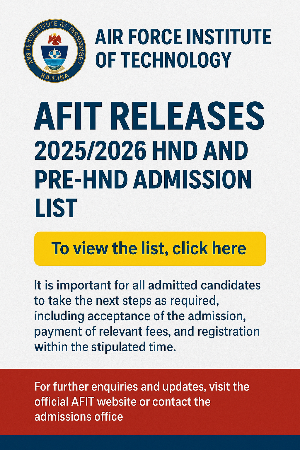 AFIT Releases 2025/2026 HND and Pre-HND Admission List