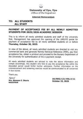 UNIUYO Announces Deadline for Payment of Acceptance Fee, 2025/2026 Session